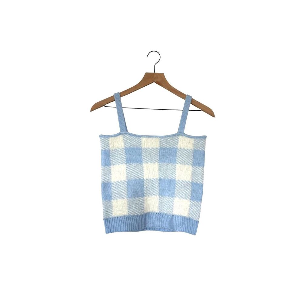 Willow & Wind Blue White Plaid Checkered Sweater Knit Tank Y2K Coquette Size S